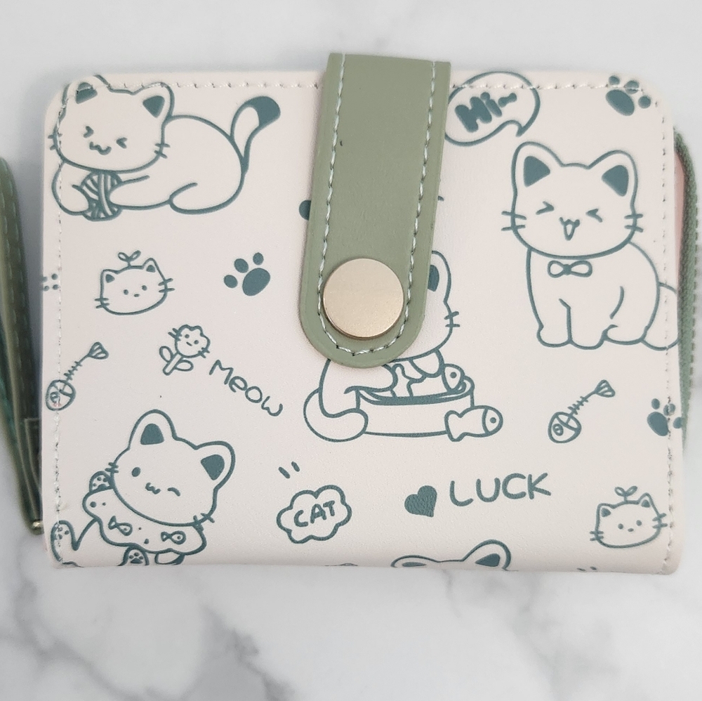 Whimsical Cat Print Mini Wallet Green & White PU Leather • Wristlet Card Hol - Picture 6 of 15